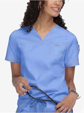 Koi Stretch Georgia Top in True Ceil Blue - Size Large